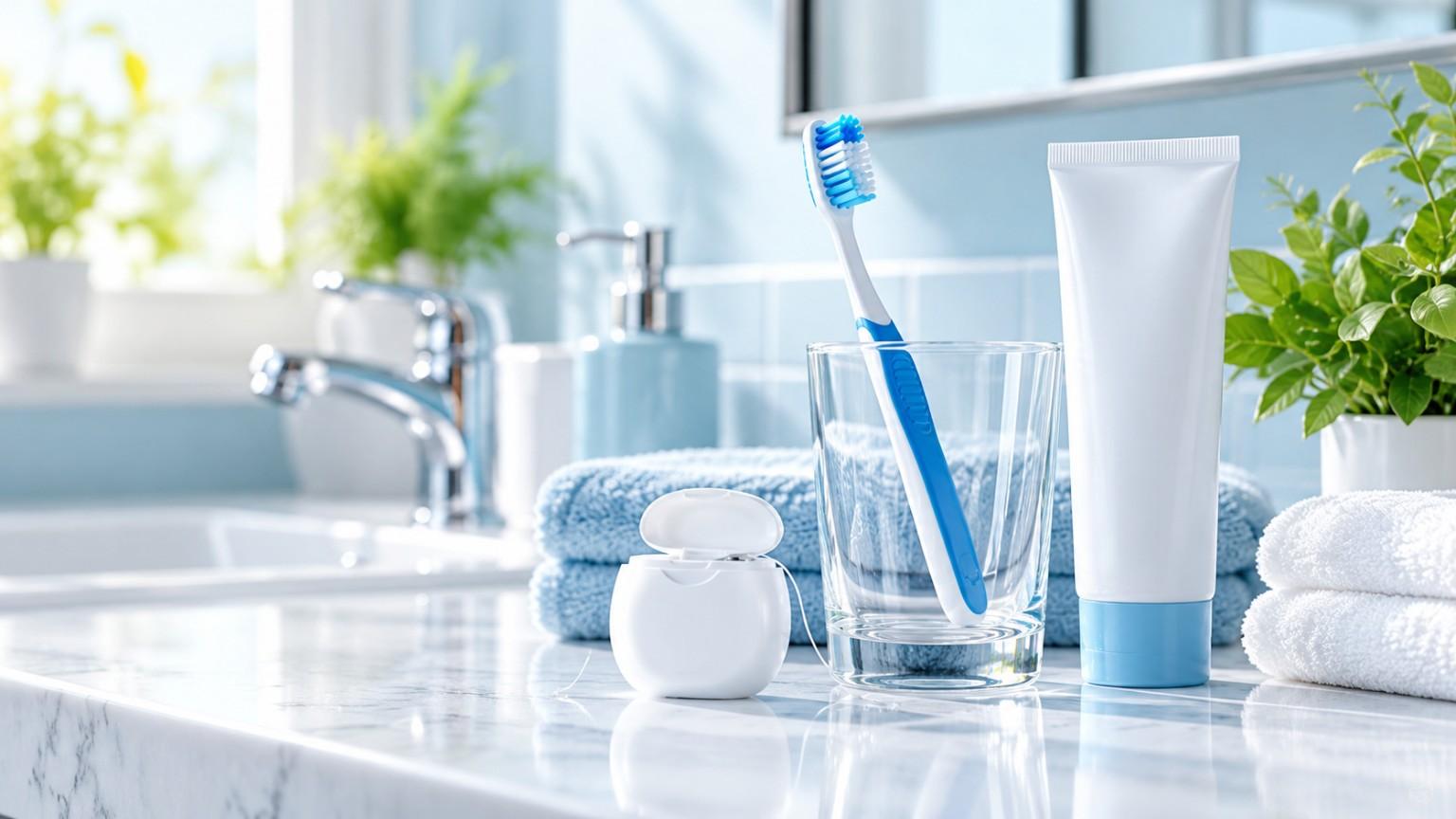 Cepillo de dientes, pasta dental e hilo dental preparados para una rutina diaria de higiene bucodental