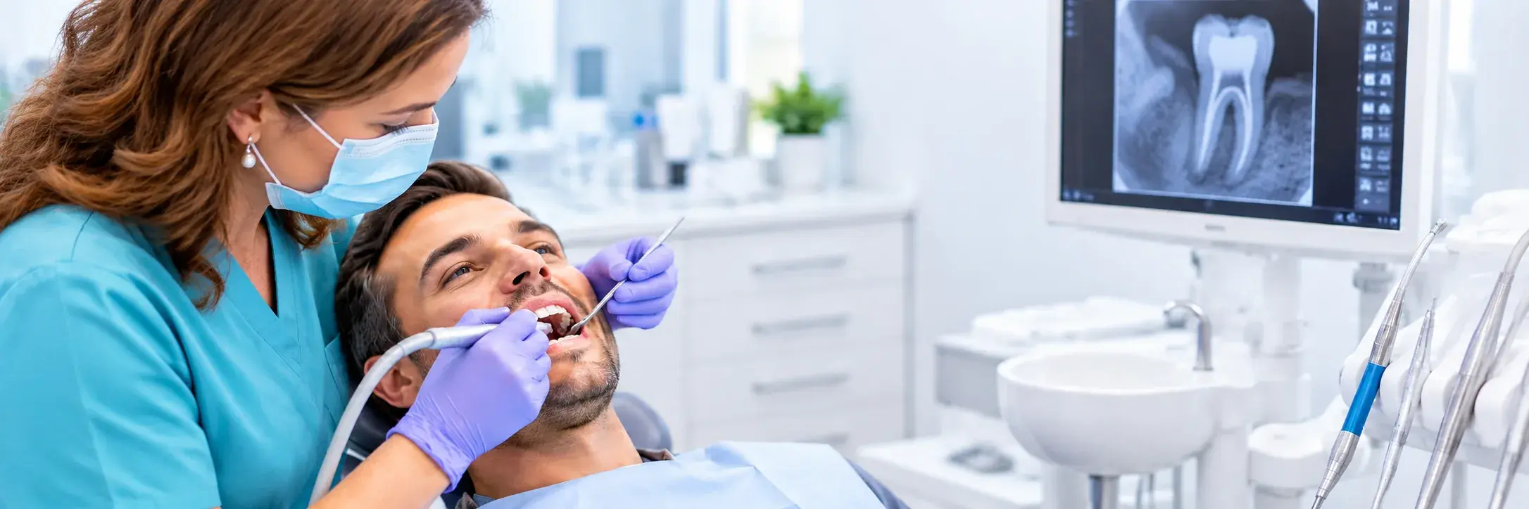 Dentista realizando un tratamiento de endodoncia con aislamiento del diente a una paciente en la clínica de Huelva
