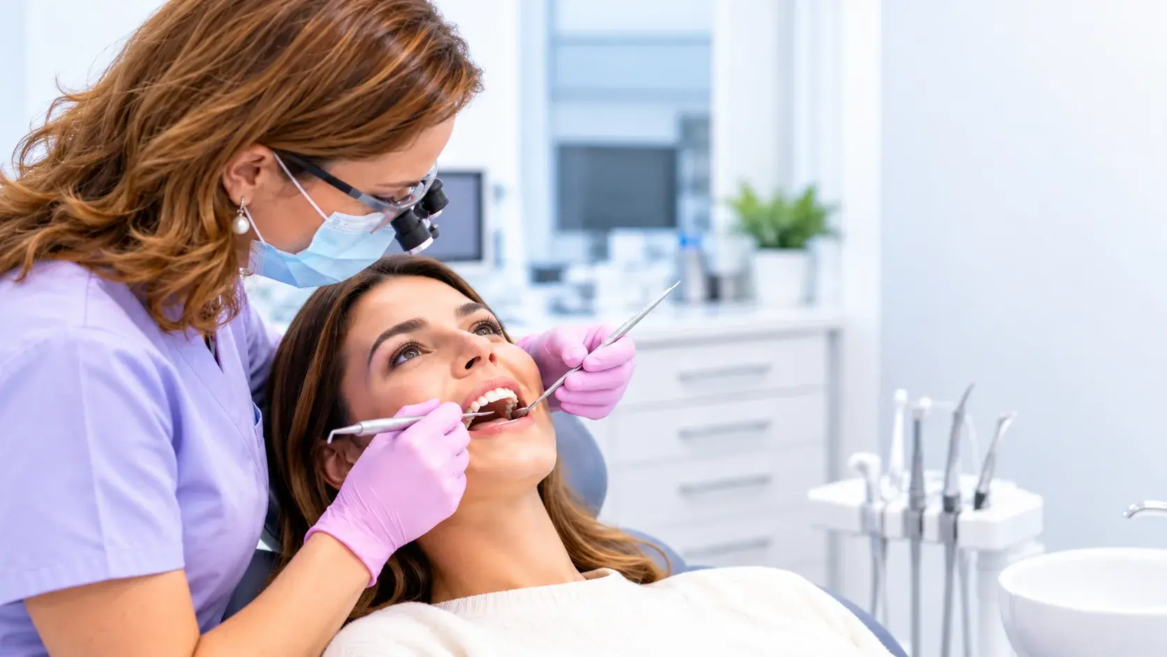 Dentista examinando las encías de una paciente con espejo y sonda periodontal en la consulta de Bellavista, Aljaraque