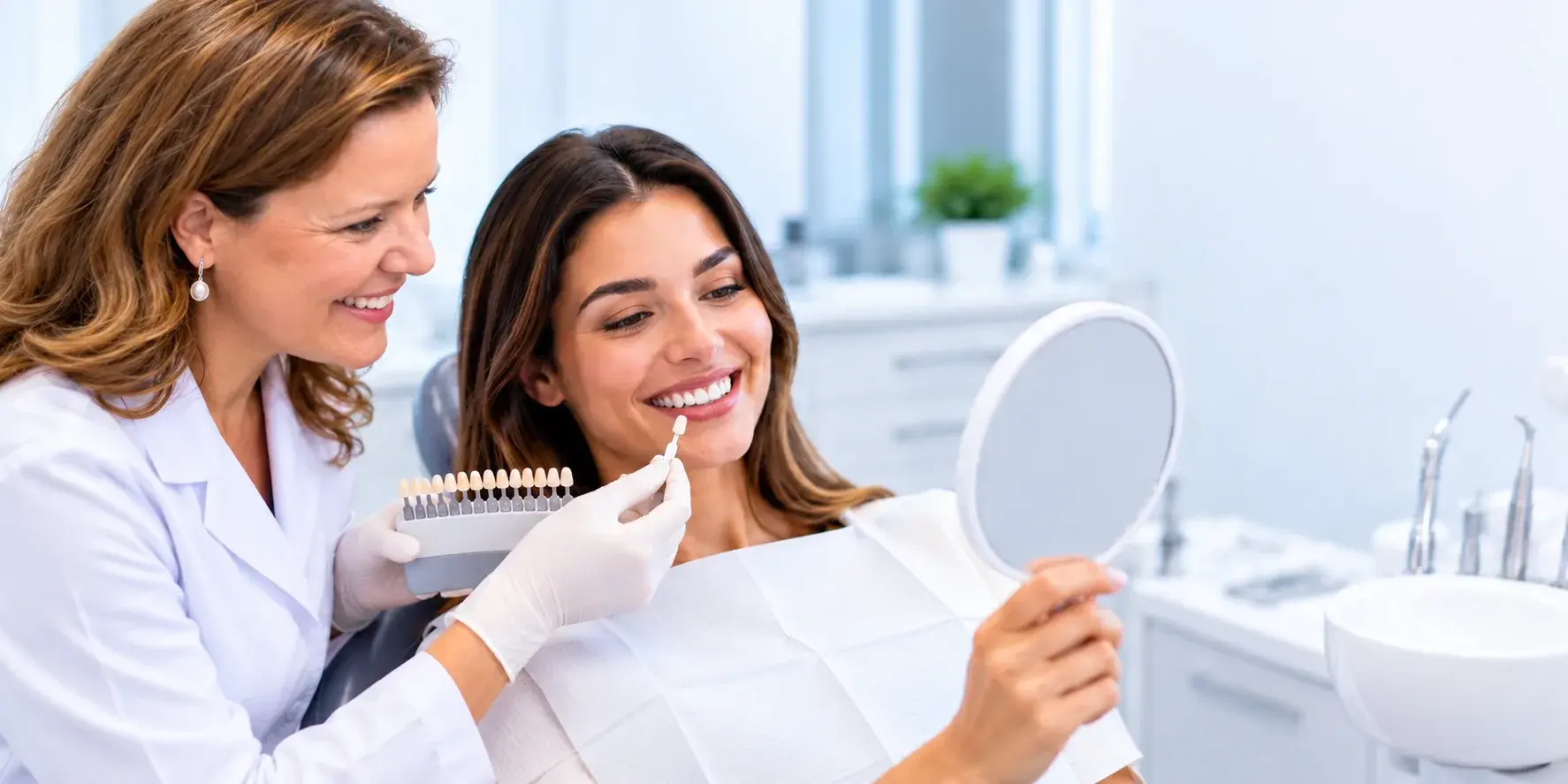 Dentista sujetando una carilla dental de cerámica con pinzas frente a un modelo de dientes en la clínica de Huelva