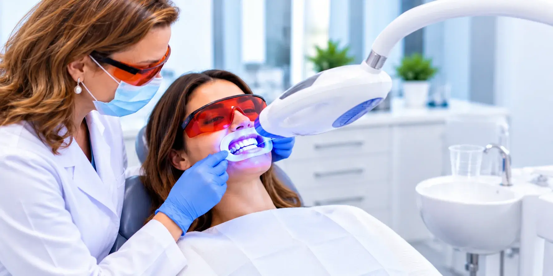 Sesión de blanqueamiento dental profesional con lámpara LED en la consulta de Bellavista, Aljaraque