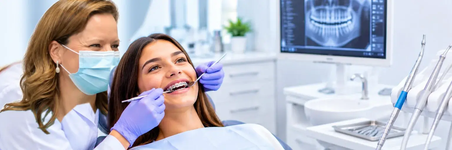 Ortodoncista ajustando los brackets de una paciente adolescente sonriendo en la clínica de Huelva