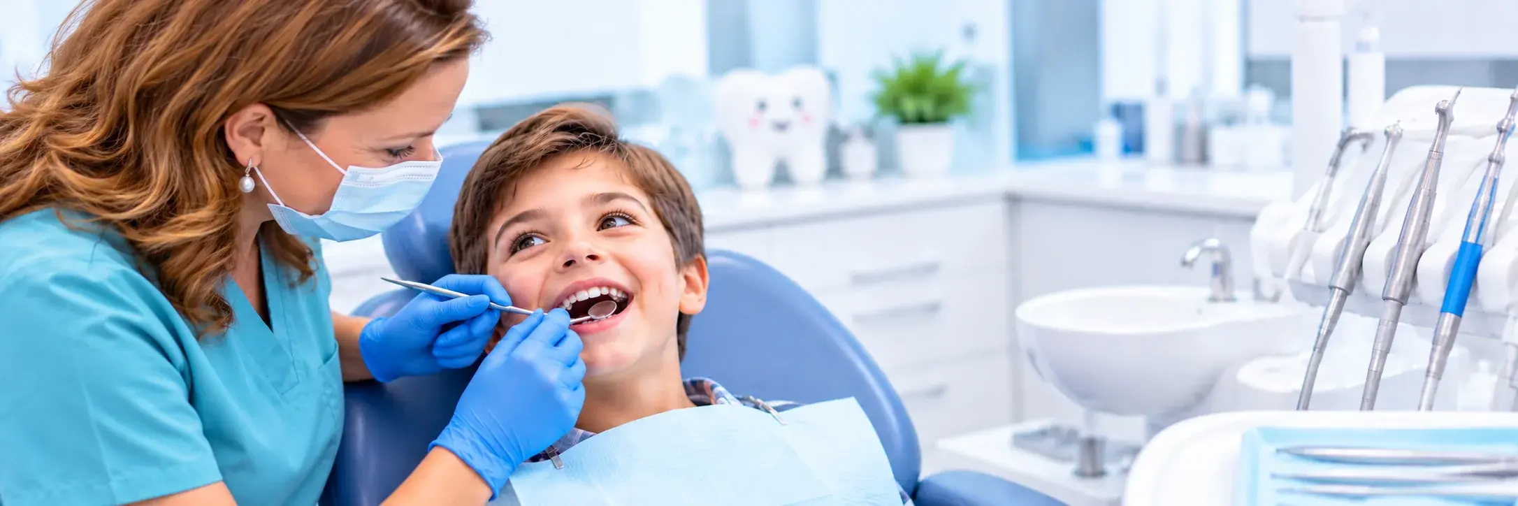 Odontóloga enseñando a cepillarse los dientes a una niña en la clínica de Huelva
