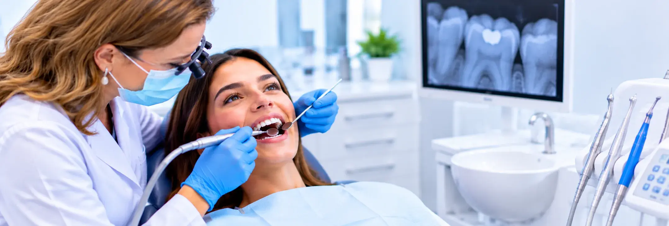 Dentista realizando un empaste con composite a una paciente en la clínica de Huelva
