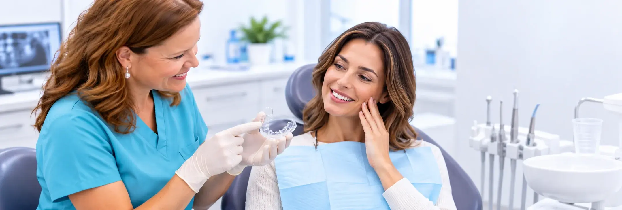 Férula de descarga transparente sujetada con guantes sobre un modelo dental en la consulta de Bellavista, Aljaraque