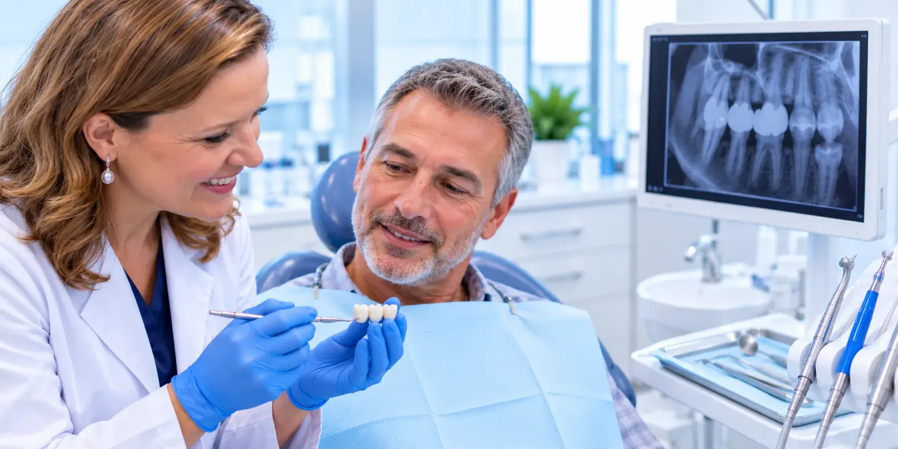 Dentista colocando una prótesis dental fija sobre un modelo de yeso en la clínica de Huelva