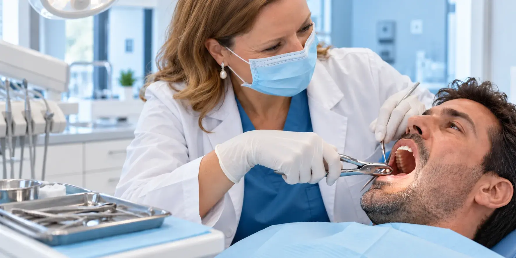 Dentista explicando una extracción dental con un modelo a una paciente tranquila en la clínica de Huelva
