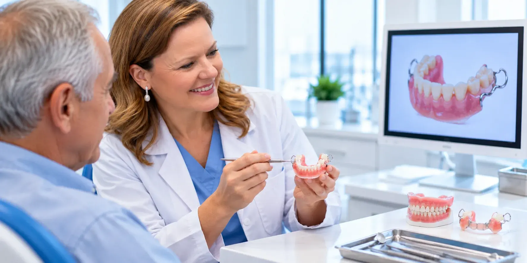 Dentista mostrando una prótesis dental removible a una paciente sonriendo en la consulta de Bellavista, Aljaraque