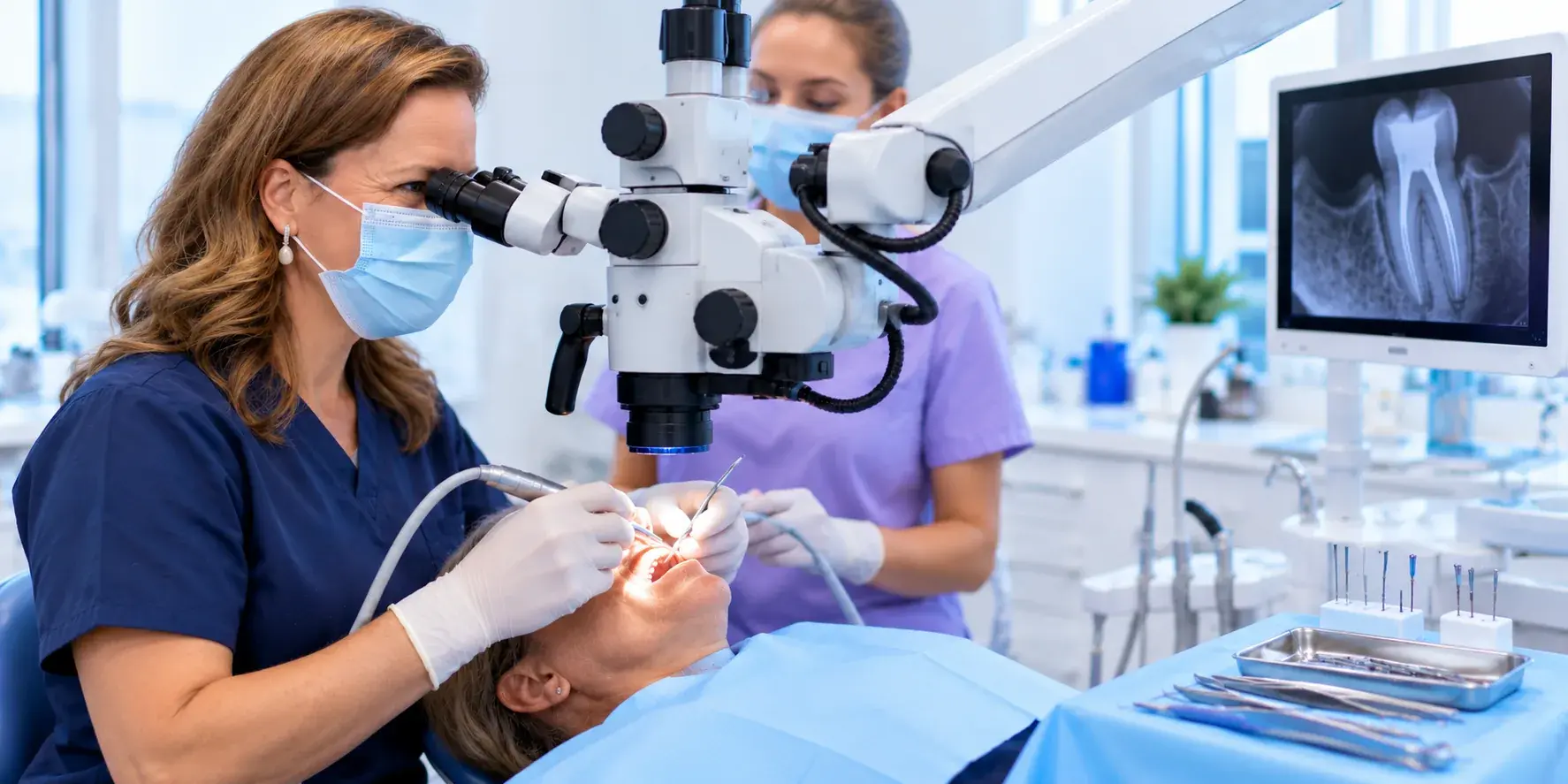 Endodoncista con lupas de aumento realizando un retratamiento de endodoncia en la clínica de Huelva