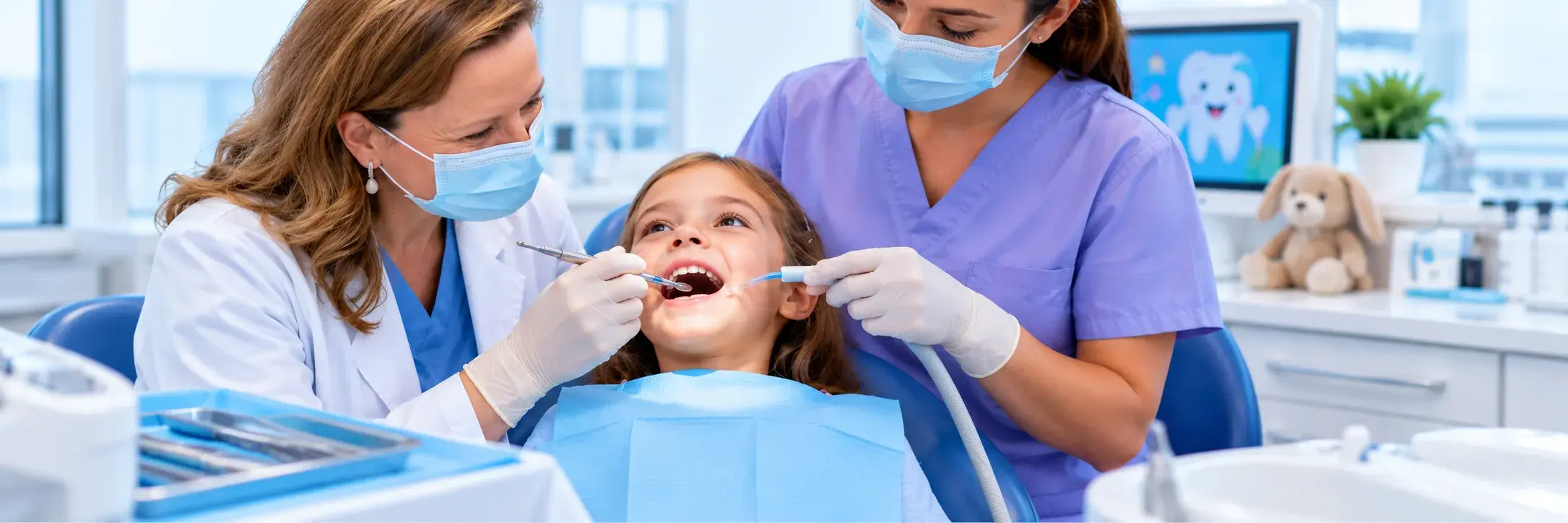 Dentista tratando los dientes de un niño tumbado en el sillón dental en la consulta de Bellavista, Aljaraque