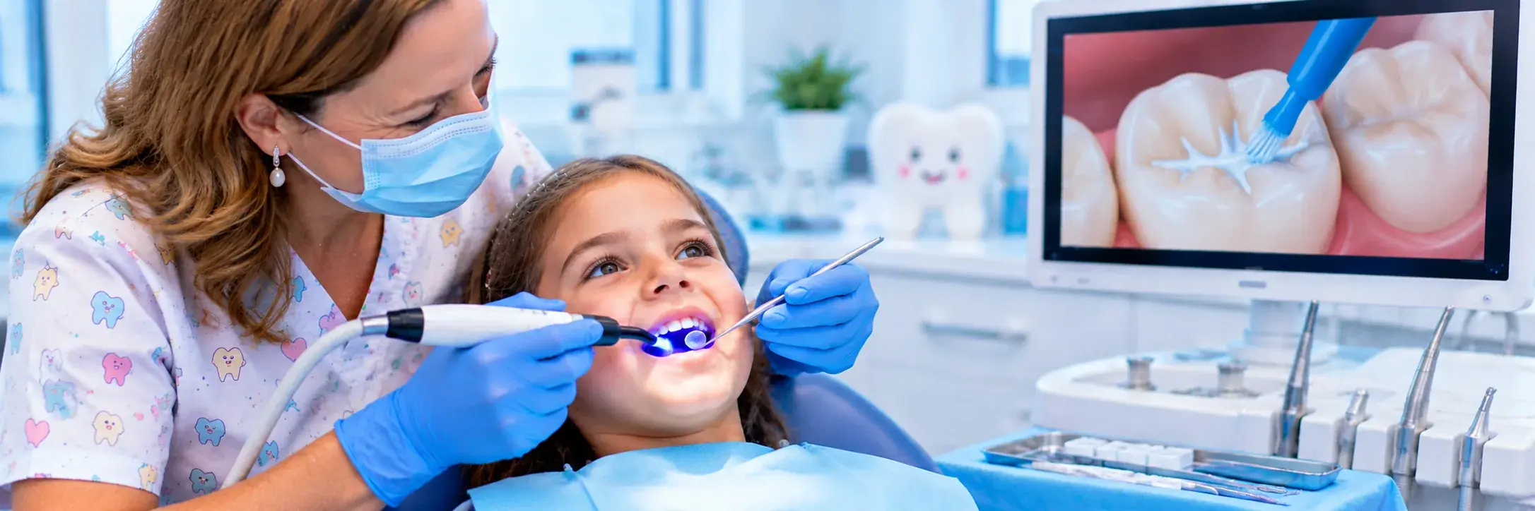 Dentista aplicando sellador de fisuras sobre el molar de una paciente joven en la clínica de Huelva