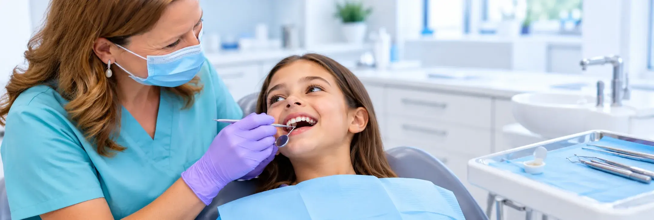 Dentista aplicando flúor a una paciente joven en la consulta de Bellavista, Aljaraque