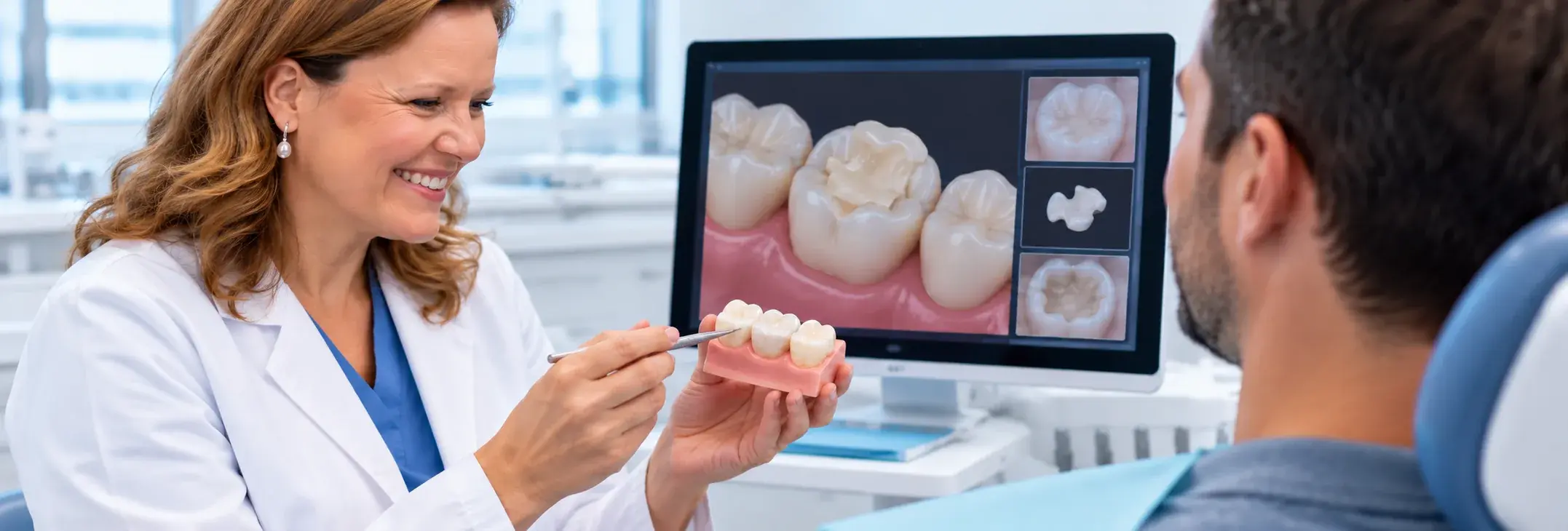 Dentista sujetando una incrustación dental de cerámica con pinzas junto a un modelo en la consulta de Bellavista, Aljaraque