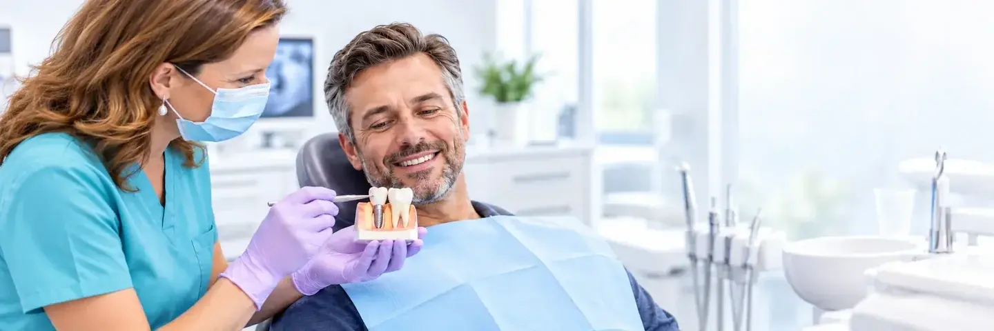 Profesional mostrando un modelo de implante dental sobre una maqueta de la mandíbula en la clínica de Huelva